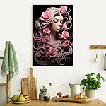 Wandbilder Frau mit rosa Blumen und langen Haaren