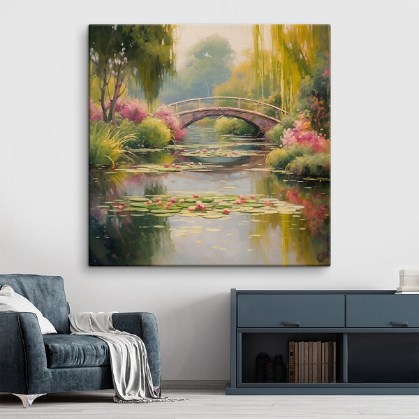 Brücke über einen Teich mit Seerosenblättern und Blumen Wandbilder Brücke über einen Teich mit Seerosenblättern und Blumen