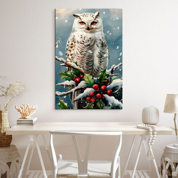 Weiße Eule sitzt auf einem Zweig mit Schnee und Beeren Wandbilder Weiße Eule sitzt auf einem Zweig mit Schnee und Beeren