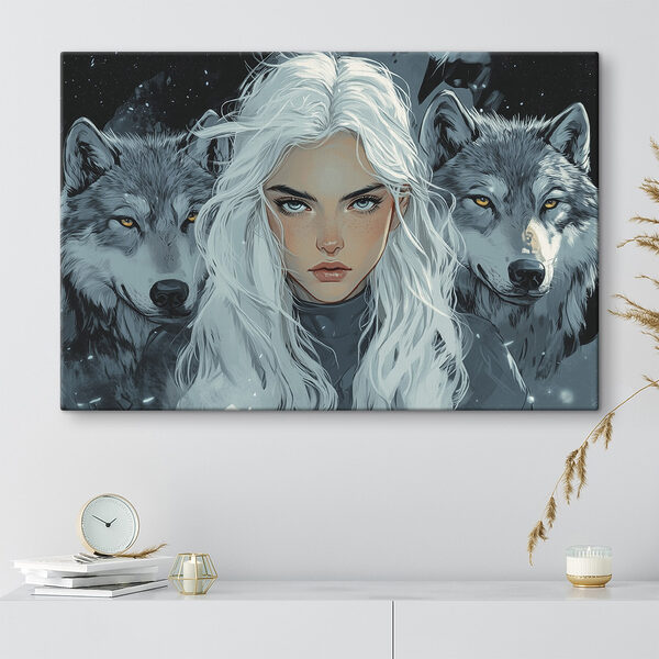 Frau mit weißem Haar und einem Wolf hinter ihr Wandbilder Frau mit weißem Haar und einem Wolf hinter ihr