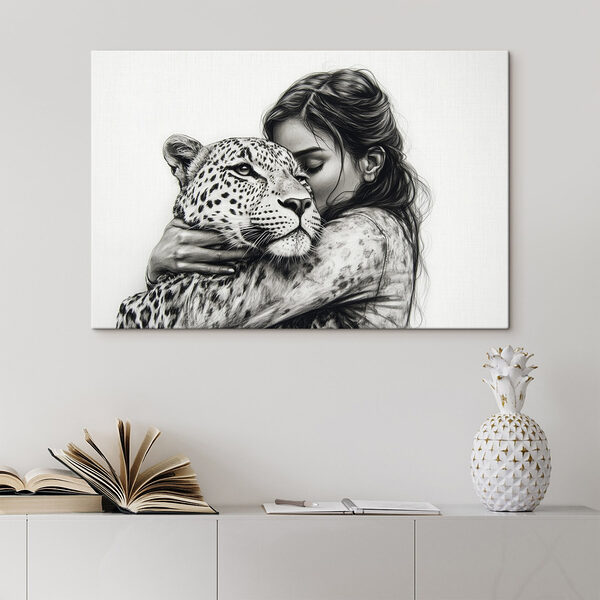 Zeichnung einer Frau, die einen Leoparden umarmt Wandbilder Zeichnung einer Frau, die einen Leoparden umarmt