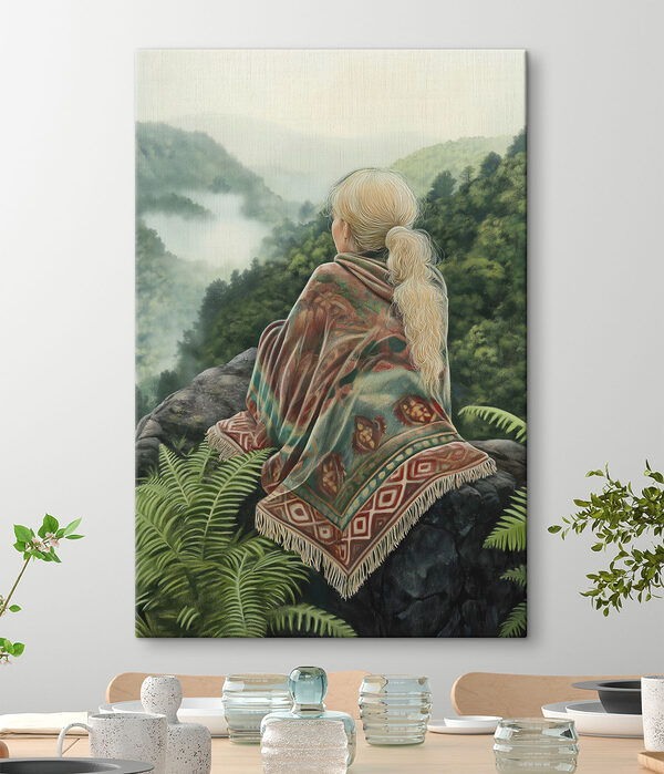 Frau sitzt auf einem Felsen und schaut in ein nebliges Tal Wandbilder Frau sitzt auf einem Felsen und schaut in ein nebliges Tal