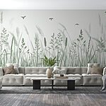 Fototapeten Grasfeld mit fliegenden Vögeln