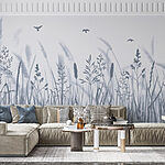 Fototapeten Grasfeld mit fliegenden Vögeln