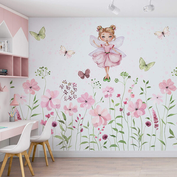 Aquarell einer Fee in einem rosa Kleid, umgeben von Blumen Fototapeten Aquarell einer Fee in einem rosa Kleid, umgeben von Blumen