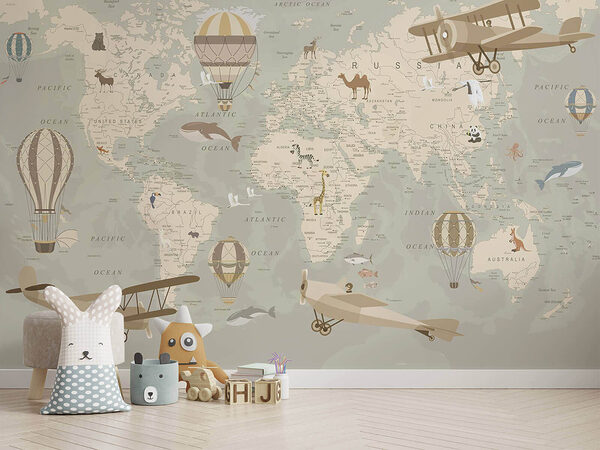 Fototapeten Fototapeten Weltkarte mit Flugzeugen und Heißluftballons (Artikelnummer: u36066)