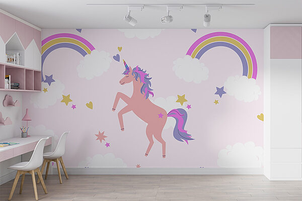 Einhorn mit Regenbögen und Sternen Fototapeten Einhorn mit Regenbögen und Sternen
