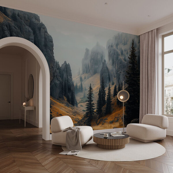 Fototapeten Felsige Berge mit Bäumen und Nebel