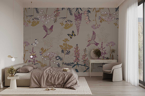 Tapete mit Vögeln und Blumen Fototapeten Tapete mit Vögeln und Blumen