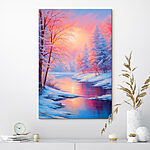 Wandbilder Fluss mit schneebedeckten Bäumen und einem rosa Sonnenuntergang