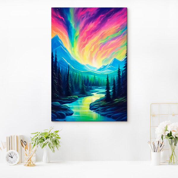 Wandbilder Gemälde eines Flusses und Berge mit Bäumen