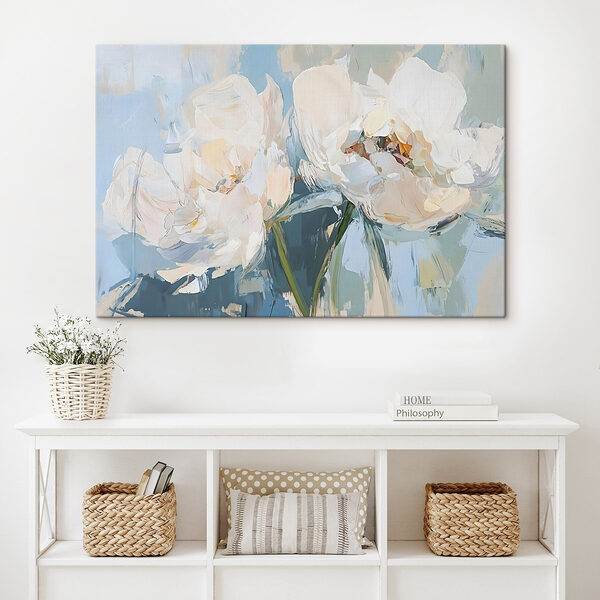 Wandbilder Gemälde mit Blumen auf blauem Hintergrund