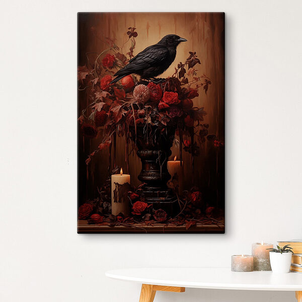 Schwarzer Vogel, der auf einer Vase mit Blumen und Kerzen sitzt Wandbilder Schwarzer Vogel, der auf einer Vase mit Blumen und Kerzen sitzt