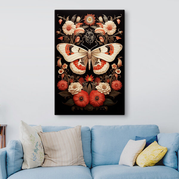Schmetterling und Blumen auf einem schwarzen Hintergrund Wandbilder Schmetterling und Blumen auf einem schwarzen Hintergrund