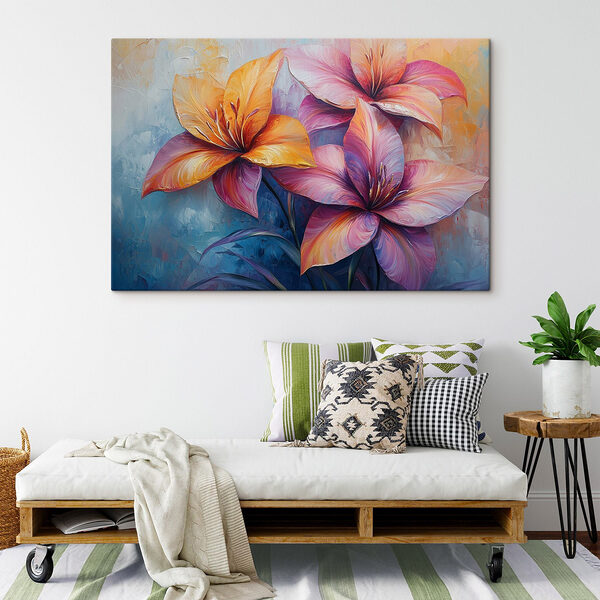 Gemälde mit Blumen auf blauem Hintergrund Wandbilder Gemälde mit Blumen auf blauem Hintergrund