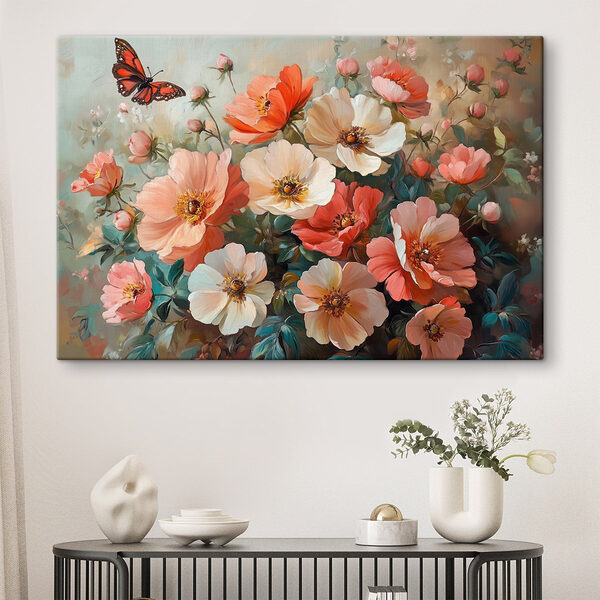 Schmetterling fliegt über einen Blumenstrauß Wandbilder Schmetterling fliegt über einen Blumenstrauß