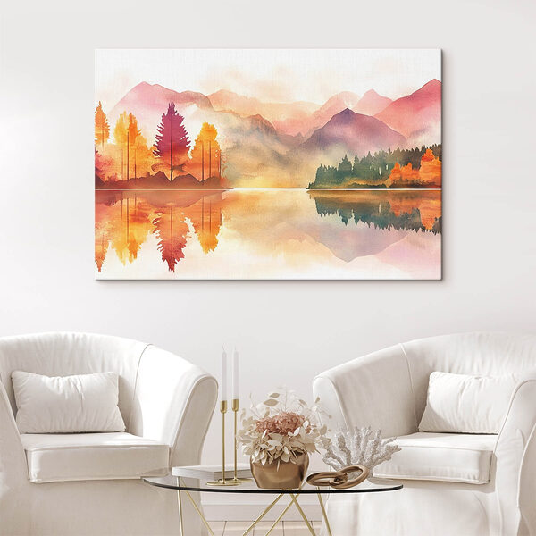Aquarellmalerei eines Sees mit Bäumen und Bergen im Hintergrund Wandbilder Aquarellmalerei eines Sees mit Bäumen und Bergen im Hintergrund