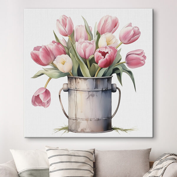 Gemälde von rosa Tulpen in einem Metalleimer Wandbilder Gemälde von rosa Tulpen in einem Metalleimer