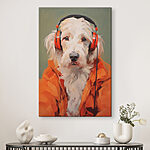 Wandbilder Hund mit orangefarbenen Kopfhörern
