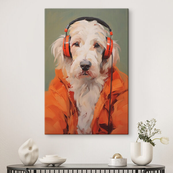 Hund mit orangefarbenen Kopfhörern Wandbilder Hund mit orangefarbenen Kopfhörern