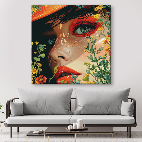 Wandbilder Frau mit Hut und Blumen