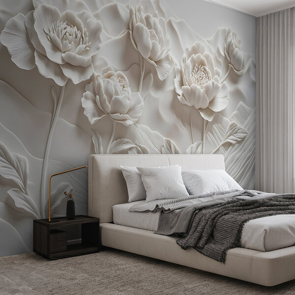 Weiße Blumenschnitzerei an einer Wand Fototapeten Weiße Blumenschnitzerei an einer Wand