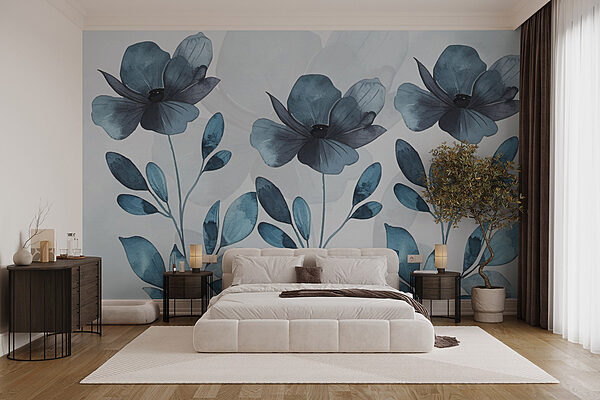 Blaue Blumen und Blätter Fototapeten Blaue Blumen und Blätter