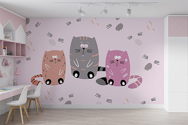 Gruppe von Katzen, die auf einer rosa Fläche sitzen Fototapeten Gruppe von Katzen, die auf einer rosa Fläche sitzen