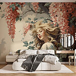 Fototapeten Frau in einem Baum mit Blumen