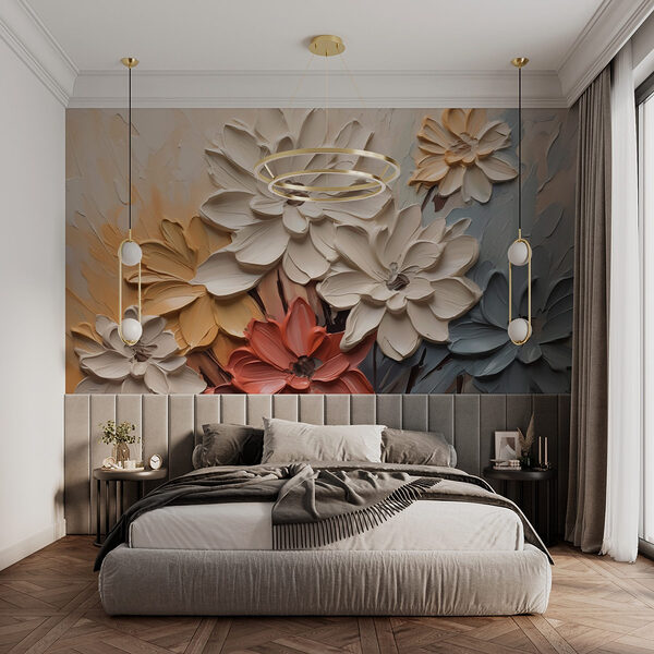 Gemälde mit Blumen an einer Wand Fototapeten Gemälde mit Blumen an einer Wand