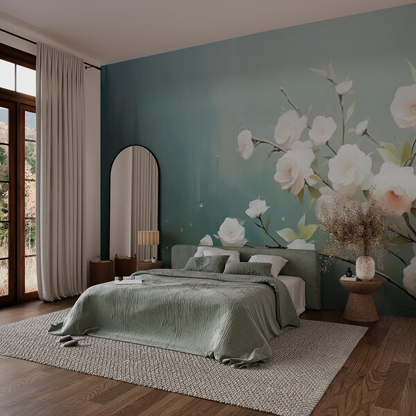 Weiße Blüten auf einem Zweig Fototapeten Weiße Blüten auf einem Zweig