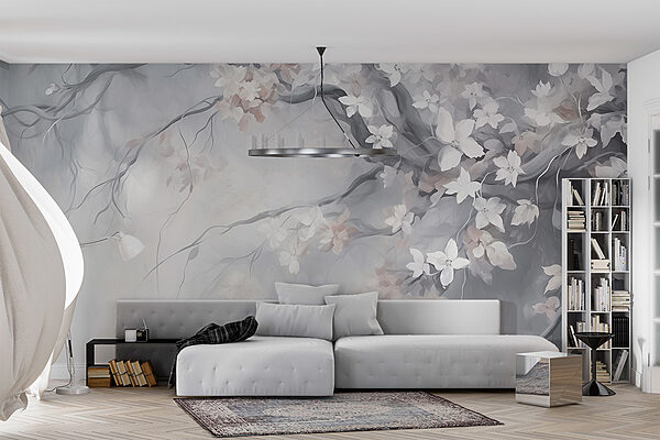 Gemälde eines Baumes mit weißen Blumen Fototapeten Gemälde eines Baumes mit weißen Blumen