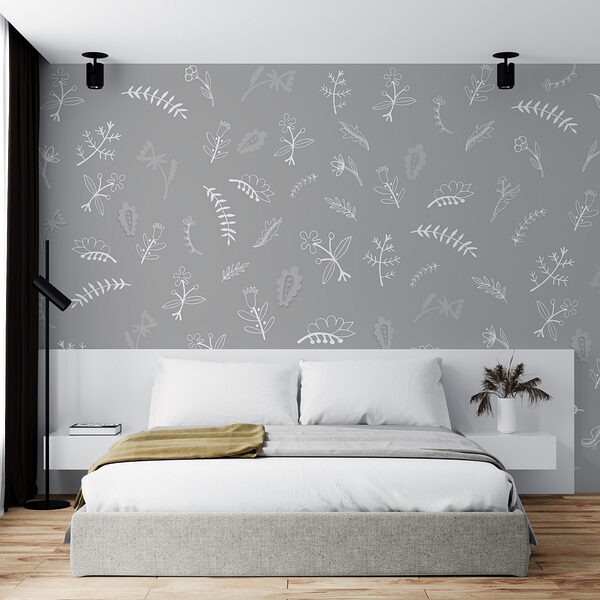 Fototapeten Grauer Hintergrund mit weißen Blumen und Blättern