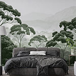 Fototapeten Wald mit Bäumen und Bergen im Hintergrund