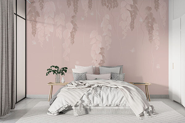 Rosa und weißer Hintergrund mit Blättern und Schmetterlingen Fototapeten Rosa und weißer Hintergrund mit Blättern und Schmetterlingen