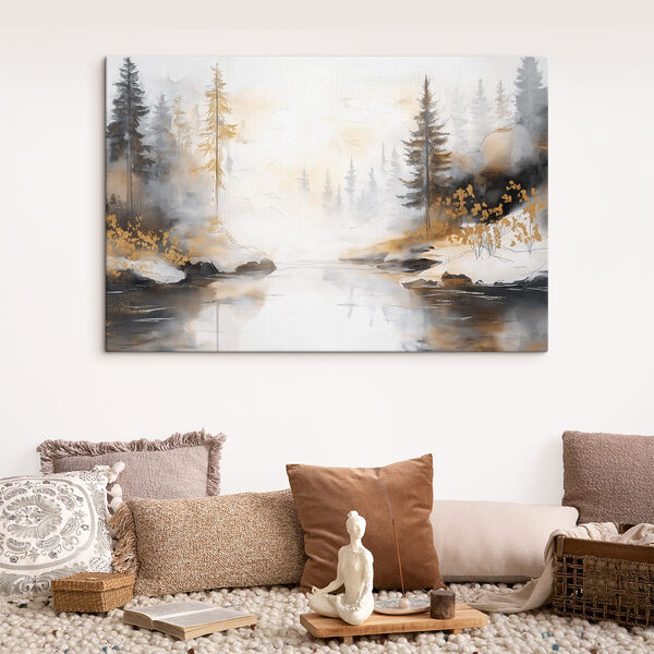 Aquarellmalerei eines Flusses mit Bäumen und Nebel Wandbilder Aquarellmalerei eines Flusses mit Bäumen und Nebel