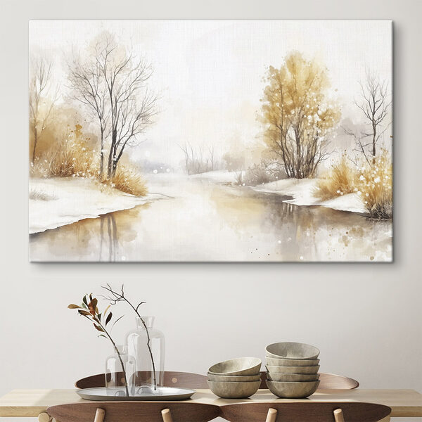 Aquarell eines Flusses mit Bäumen, Gras und Schnee Wandbilder Aquarell eines Flusses mit Bäumen, Gras und Schnee