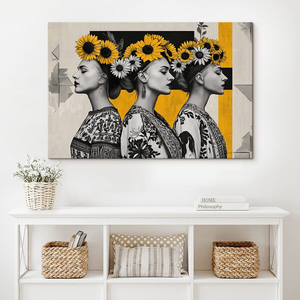 Gruppe von Frauen mit Sonnenblumen in ihren Haaren Wandbilder Gruppe von Frauen mit Sonnenblumen in ihren Haaren