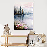 Wandbilder Aquarellmalerei eines Sees mit Bäumen und Blumen