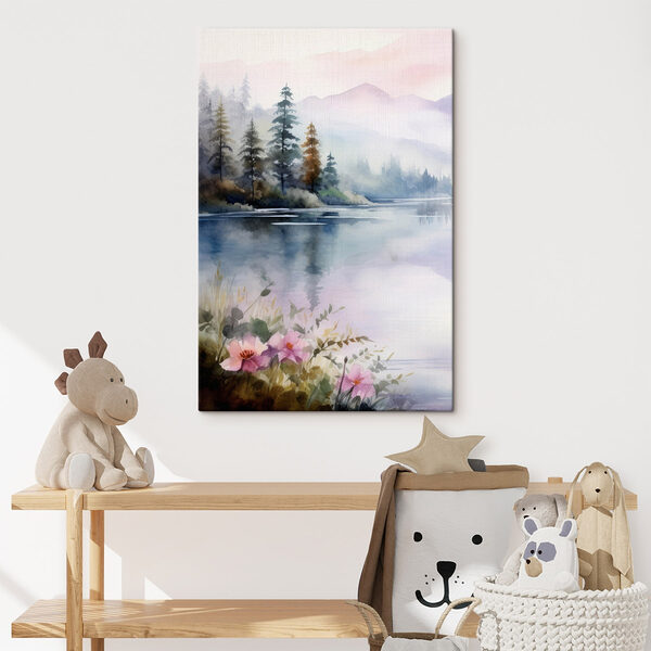 Aquarellmalerei eines Sees mit Bäumen und Blumen Wandbilder Aquarellmalerei eines Sees mit Bäumen und Blumen