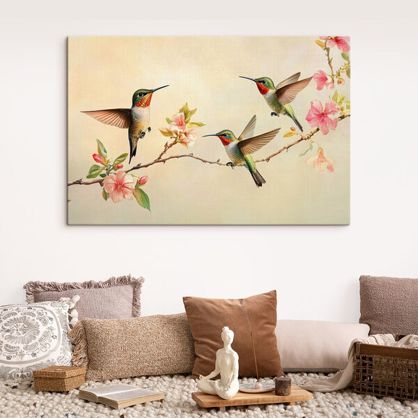 Gruppe von Kolibris auf einem Zweig mit Blumen Wandbilder Gruppe von Kolibris auf einem Zweig mit Blumen