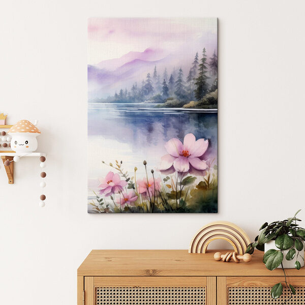 Aquarell von Blumen und Bäumen an einem See Wandbilder Aquarell von Blumen und Bäumen an einem See