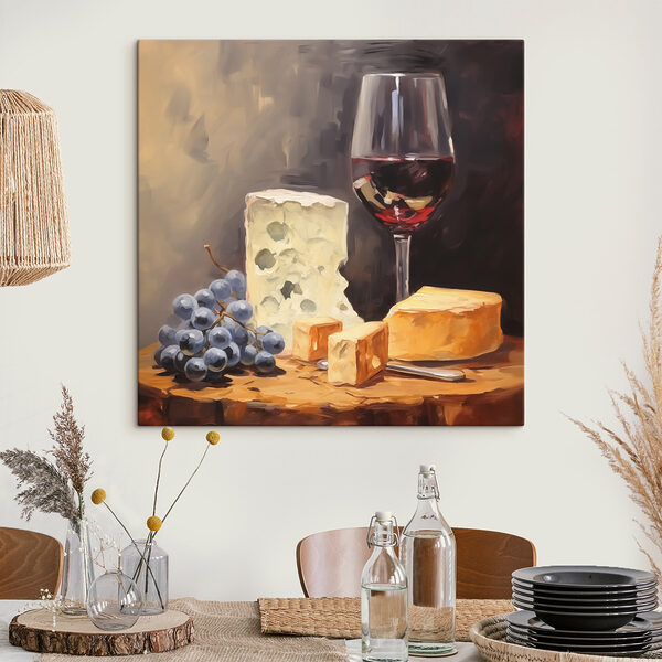 Glas Wein und Käse auf einem Tisch Wandbilder Glas Wein und Käse auf einem Tisch