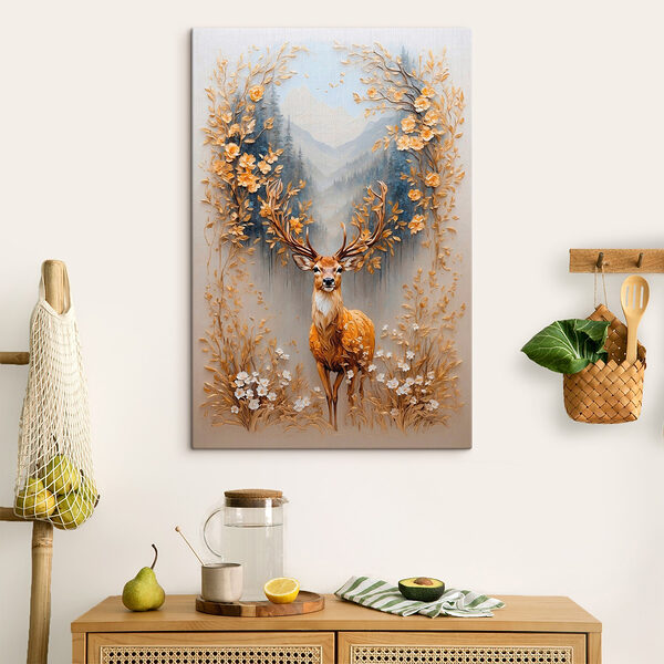 Gemälde eines Hirsches mit Blumen und Bergen Wandbilder Gemälde eines Hirsches mit Blumen und Bergen