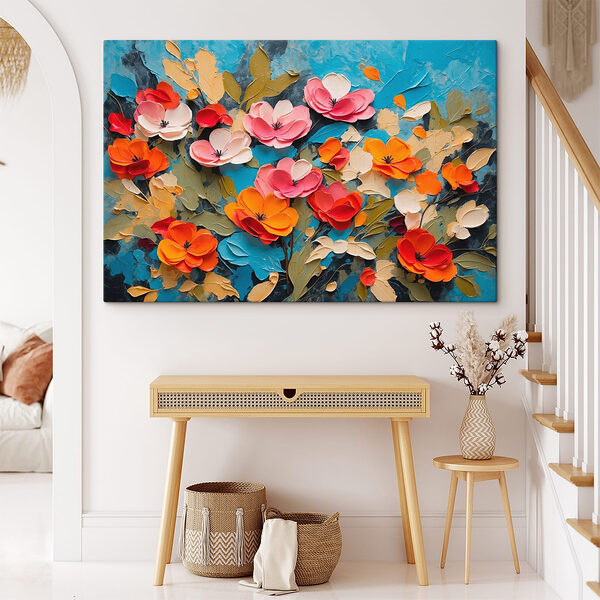 Malerei von Blumen auf einer blauen Fläche Wandbilder Malerei von Blumen auf einer blauen Fläche