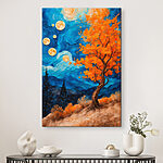 Wandbilder Gemälde eines Baumes mit orangefarbenen Blättern und blauen Bergen