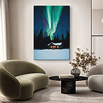 Wandbilder Haus im Schnee mit grünen Lichtern am Himmel