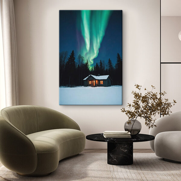 Haus im Schnee mit grünen Lichtern am Himmel Wandbilder Haus im Schnee mit grünen Lichtern am Himmel