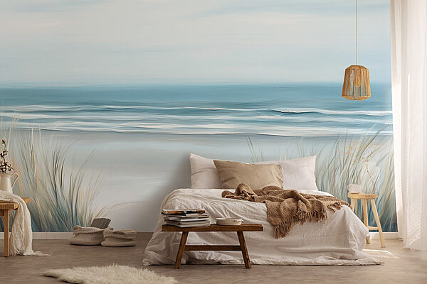 Strand mit Gras und Wellen Fototapeten Strand mit Gras und Wellen