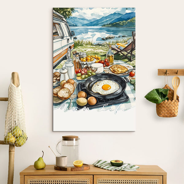 Tisch mit Essen und einer Pfanne darauf Wandbilder Tisch mit Essen und einer Pfanne darauf
